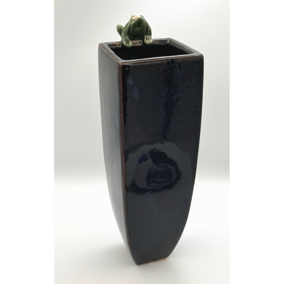 Unmarked Other - Tall Navy Blue Glazed Pottery Vase‎ Frog Finial Modern Minimalist Decor 14"